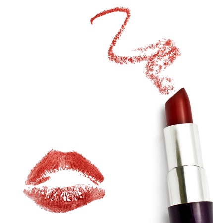 Red lipstick with a kiss on white backgroundの写真素材