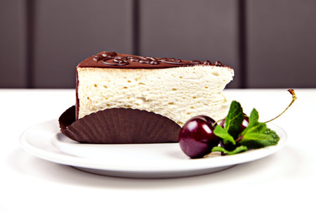 Piece of cake with chocolate, cherry and mint on white tableの写真素材