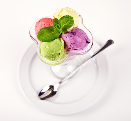 Colorful ice cream balls in bowl with spoon on white backgroundの写真素材