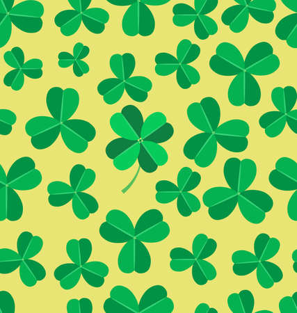 Seamless pattern made of green clover images in light yellow backgroundのイラスト素材