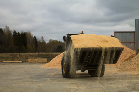 Auto loader is barely seen from its scoop full with sawdust.