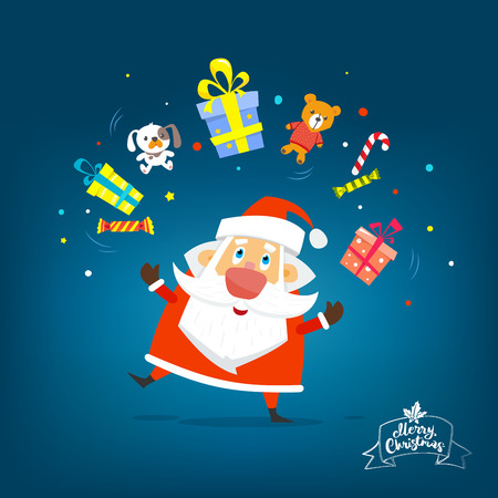 Santa Claus with boxes of gifts. Vector, illustration, flat のイラスト素材