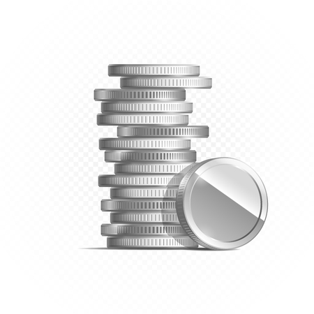 Silver coins isolated on transparent background in different positions. Illustration, vectorのイラスト素材