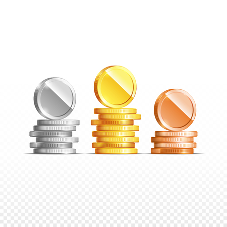 Gold, silver, bronze coins set isolated on transparent background in different positions. Illustration, vectorのイラスト素材