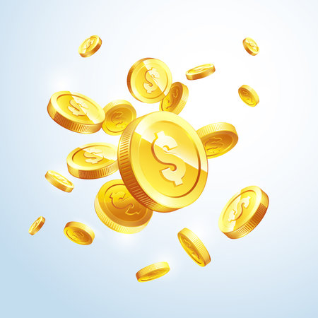 Banner Realistic Gold coins flying. Color background. Vector illustrationのイラスト素材