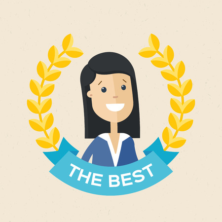 Employee of the year award. Best award wreath for business. Woman brunette portrait. Flat vector illustration.のイラスト素材