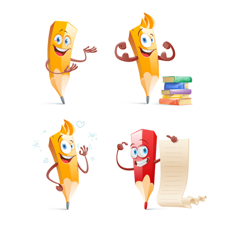 Set of cute funny pencil cartoon. Isolate on white background.のイラスト素材