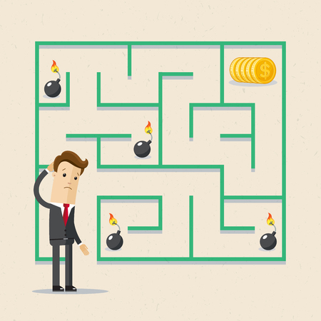 Businessman and labrinth business task. Labyrinth solution and businessman in search of profit and money.のイラスト素材