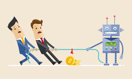 Two business man fighting with robot in the tug of war competition. Artificial intelligence and employees. Vector Illustration flatのイラスト素材