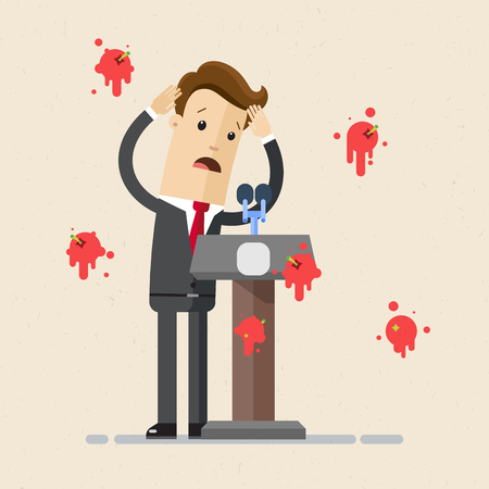 A man in a suit, business man, stands behind a rostrum with a microphone, having tomatoes thrown at himのイラスト素材