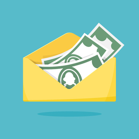 Envelope with money. Yellow paper open envelope with dollars. Vector illustration flatのイラスト素材