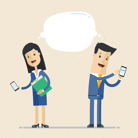 Businessman and business woman talking via smartphone. Business communication concept.のイラスト素材