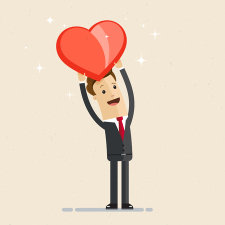 Business man showing a big red heart. Vector flat illustrationのイラスト素材