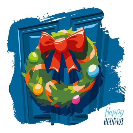 Christmas Wreath with bow, ribbons and balls hanging on the door with Happy Holidays letteringのイラスト素材