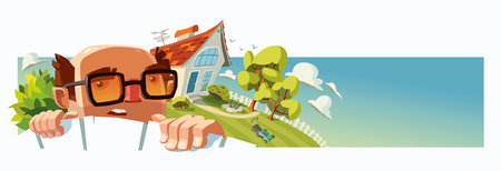 Man with glasses looks out from behind fence. Background of the house and gardenのイラスト素材