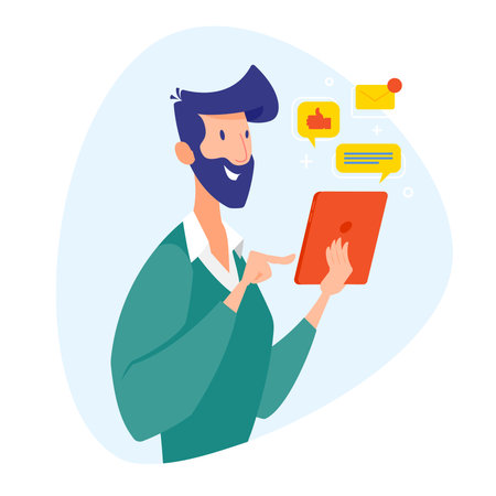 Business man working on a tablet, around the icons of messages, letters, social networks. Illustration in cartoon styleのイラスト素材