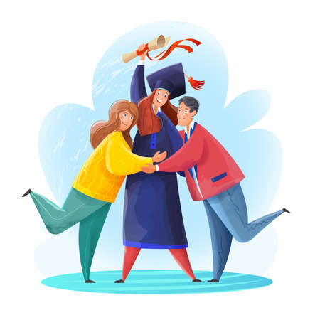 Graduate. Parents congratulate and hug the student who graduated from the university. Mom and Dad are very happy.のイラスト素材