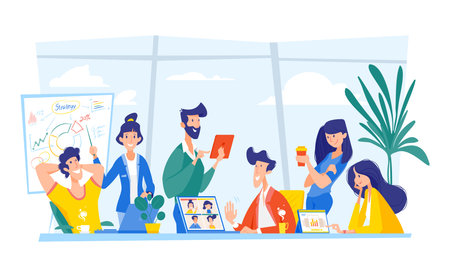 Business meeting. Teamwork man and woman. Team building, people sitting an desktop with laptop...