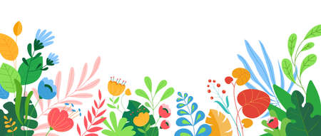 Nature background, floral template, concept for website banner presentation posters. Bright color abstract flat plantsのイラスト素材