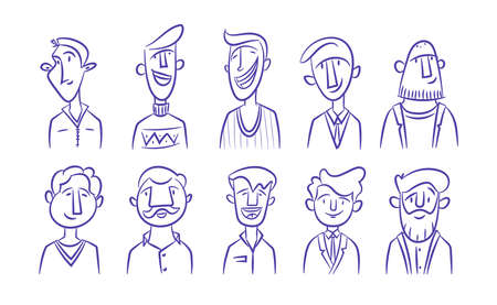 Face avatars set. Portraits diverse happy mens,  icons.  line cartoon heads of male. Web, social networkのイラスト素材
