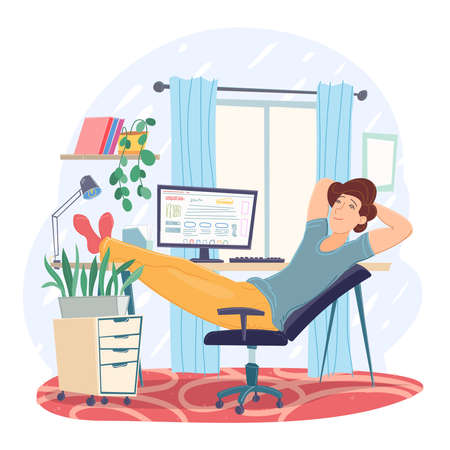Freelance man working remotely use laptop at comfortable workplace chair. Self employed person at home office Isolated on whiteのイラスト素材