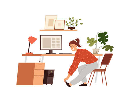 Woman doing warm-up at the workplace, vector flat illustration isolated. Girl practicing workout in the office, stretching by taking a break. Cartoon style.のイラスト素材