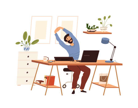 Man doing warm-up at the workplace, vector flat illustration isolated. Male practicing workout in the office, stretching by taking a break. Cartoon style.のイラスト素材
