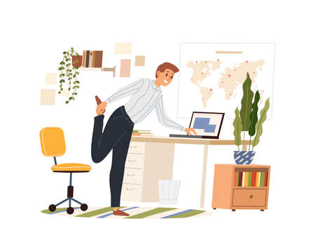 Man doing warm-up at the workplace, vector flat illustration isolated. Male practicing workout in the office, stretching by taking a break. Cartoon style.のイラスト素材