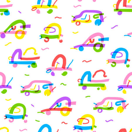 Seamless pattern of different cars in bright colors. Background abstract cars in simple line style. Kids drawing. Childrens minimalist background. Print for babys design. Vector colorful automobiles.のイラスト素材