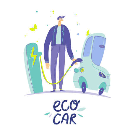 A man at a specialized gas station charges an electric car. Colorful illustration parking for recharge charge eco-transport. Modern ecological type of motor transport. Cartoon styleのイラスト素材