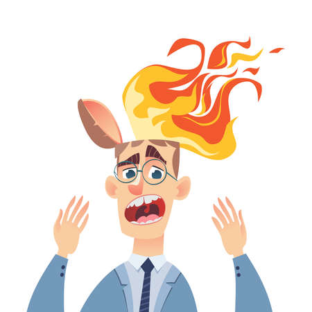 Businessman with a burning head. Man ignited because of on work the problem. Hard work, close deadline project. Investment risk, big profit. Vector flat illustration cartoon style, isolated.のイラスト素材