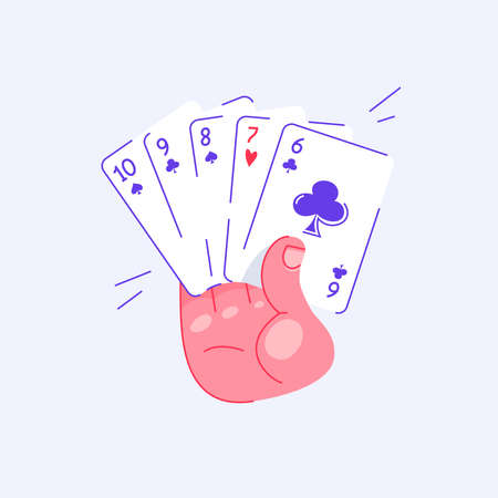 Hand holding playing cards. Straight in poker. Pastime with friends. Family table leisure games. Sports and recreation. Isolated background.のイラスト素材