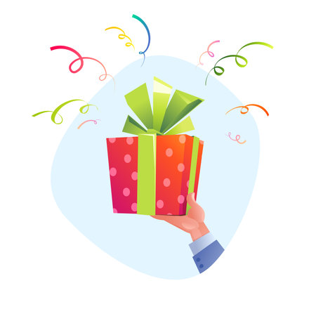 Men hand holding red gift box with a bow isolated on blue background. Present box gift concept cartoon design. Lovely image of Christmas, Brithday themed, Valentin day, sale day. Vector illustrationのイラスト素材