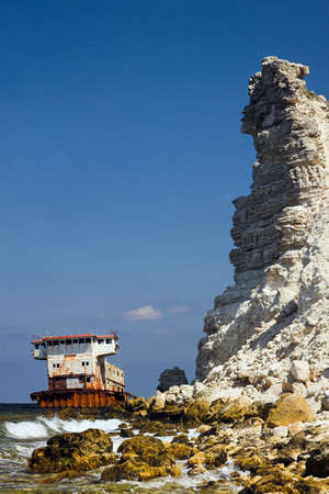 The ship crashed against a rocky shore of Dzhangul at Cape Tarkhankut, in Crimea, Ukraine.の写真素材