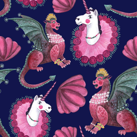 Ð¡ute unicorns and dragons and sea shells. Watercolor illustration pattern Mystical animals. for goods, clothes, fabrics, wallpaper, stationery, birthday, curtains, bed linen, pillows, toys.の写真素材