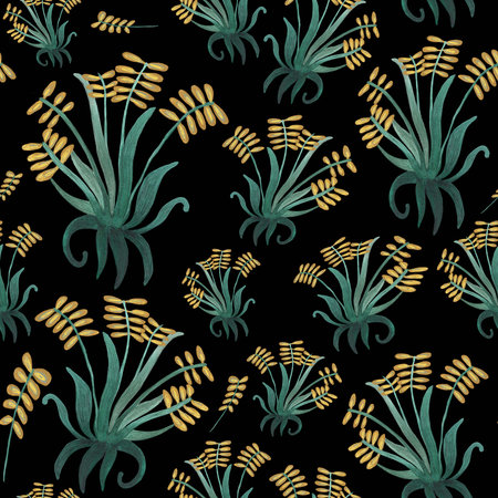 Small cute wild flowers. watercolor illustration. Patternon a black background for fabrics, clothes, for adults and children, for bed linenの写真素材