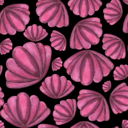 Cute, pink, seashell. watercolor illustration. pattern on a black background.For childrens things, clothes, fabrics, postcards, stationery, toys, interior, bed linen, wrapping paper.の写真素材