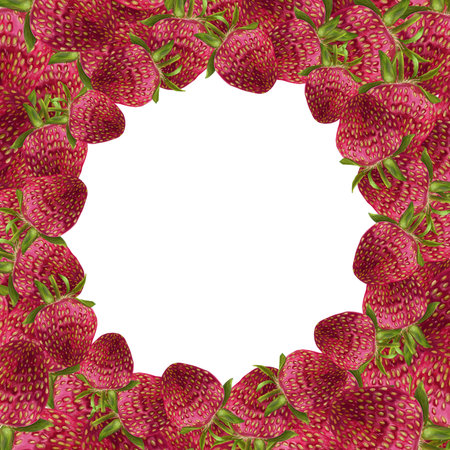 Isolated frame of red strawberries on a white background. For fabrics, textiles, cosmetics packaging, stationery, souvenirs, tableware, kitchen, postcardsの写真素材