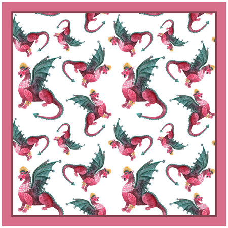 Head scarf design with dragons . Watercolor illustration. For printing scarves.の写真素材