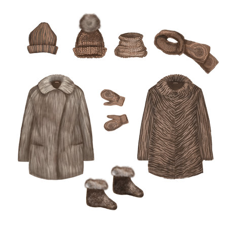Winter elements, hand drawn illustration. Cute hat, scarf, mittens, boot, shoe, fur coat, coat. Warm winter symbols.の写真素材
