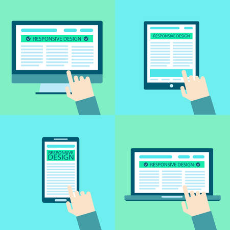 Responsive web site design flat concept in electronic devices: computer, laptop, tablet, mobile phone. Vector illustration, electronic technologies.のイラスト素材