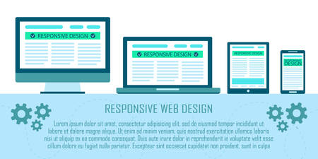 Responsive web site design flat concept in electronic devices: computer, laptop, tablet, mobile phone. Vector illustration, electronic technologies.のイラスト素材