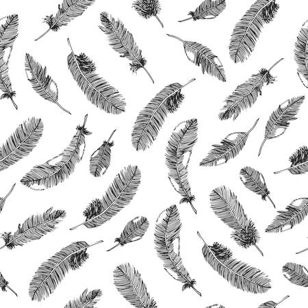 Seamless ethnic pattern with black feathers on white background. Vector illustration.のイラスト素材