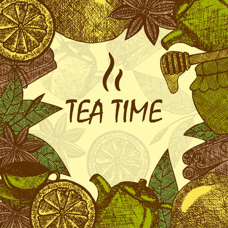Hand drawn tea culture objects. Teapot, lemon, cinnamon, honey, tea leaf. Vector sketch card template.のイラスト素材
