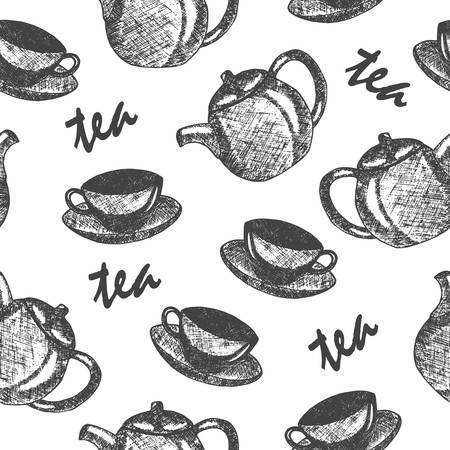Seamless pattern with hand drawn  tea culture objects.  Vector sketch illustration.のイラスト素材