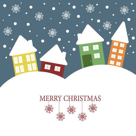 Christmas Illustration with quote "Merry Christmas". Winter landscape with snowy cartoon houses. Vector graphic design.のイラスト素材