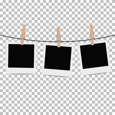 Photo frame hung on rope with clothespin on transparent background. Vector illustration.のイラスト素材