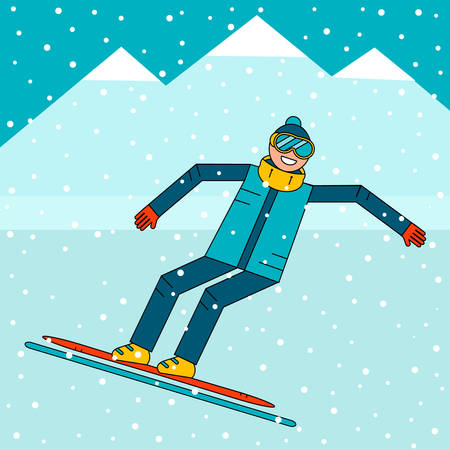 Happy boy snowboarder jumping on a snowboard. Snow mountain landscape. Extreme winter sports. Vector illustration.のイラスト素材