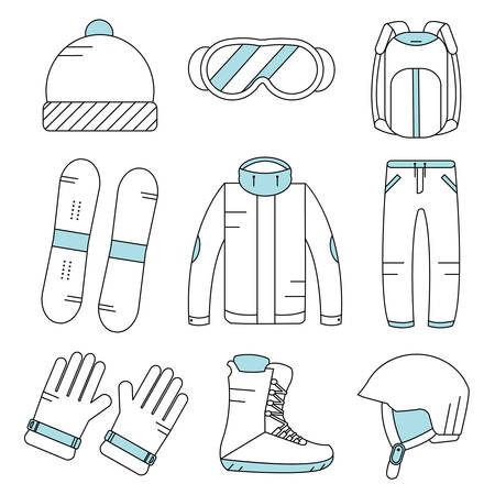 Vector linear snowboard equipment icons set. Winter sport activities icons.のイラスト素材