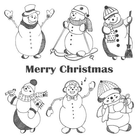 Sketching hand drawn style cute snowmans. Christmas vector illustration.のイラスト素材